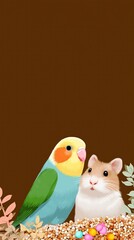 Cute parrot and hamster with colorful feathers and seeds on brown background