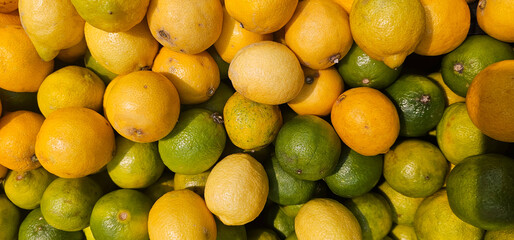 A close-up view of fresh lemons in varying shades of yellow and green, showcasing their smooth, textured skin and vibrant colors. A vibrant display of fruit; lemons, fruit;