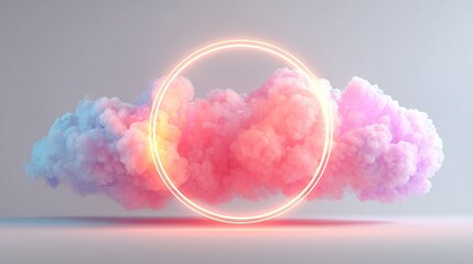 Colorful cloud with a glowing circle, a dreamy and ethereal abstract design.