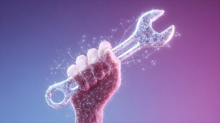 Hand holds a digital wrench with glowing network connections, futuristic tool.