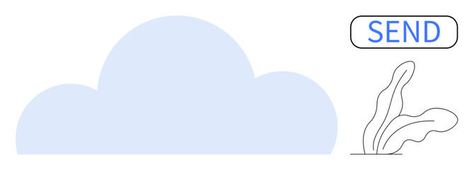 Blue cloud with a send button and decorative leaves symbolizes digital communication, cloud storage, file sharing, technology, efficiency, simplicity, mobility, and connectivity in a simple flat