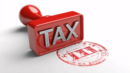 Red tax stamp with silver letters on white paper shows financial concept.