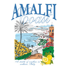 Amalfi coast Italy. hand drawn Retro abstract poster. handwriting slogan text for Amalfi graphic tee t shirt. beach cost vintage canvas posters - Vector © sumonsharif
