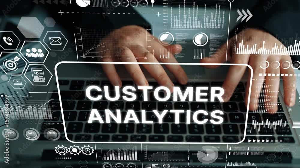 Poster hands typing on laptop with digital overlay of customer analytics and data visualization graphics. a