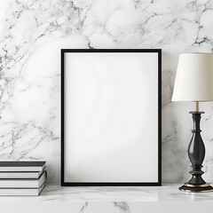 Stylish mockup frame is displayed on a marble shelf with books and a lamp for a modern interior.