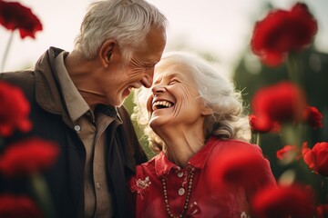 Elderly couple laughing and enjoying a romantic moment together surrounded by vibrant red poppies