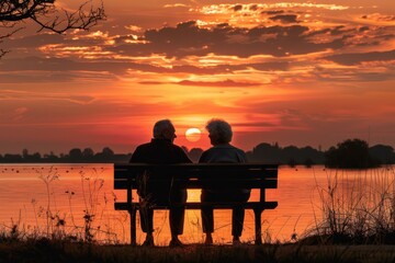 Silhouette of senior couple relaxing on bench, admiring vibrant sunset over serene lake, enjoying peaceful moment together