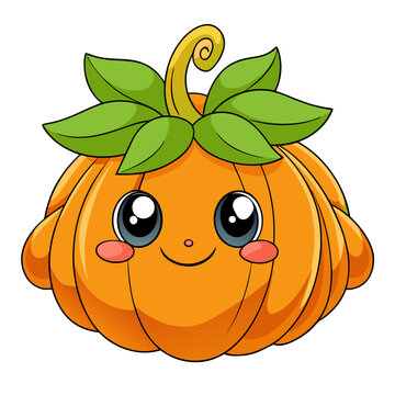 Fat squashy pumpkin with leafy wig, bashful cheeks, blinking glossy eyes, and puffy frame, on white background.
