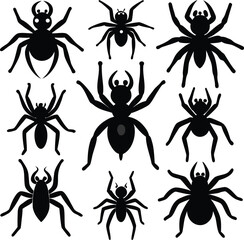 Spider silhouette bundle set vector A collection of 9 black spider silhouettes in various poses, including jumping, standing, sitting, and digital use with white background