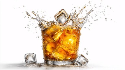 Whiskey drink with ice cubes splashing in a glass on a white backdrop.