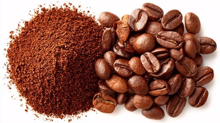 Roasted coffee beans and ground coffee are displayed in a close-up shot.