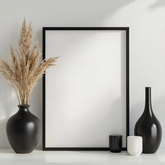Minimalist mockup featuring a blank frame with sleek vases and pampas grass for a stylish home interior design
