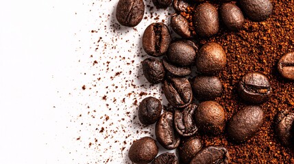 Roasted coffee beans and ground coffee create a rich, aromatic texture.