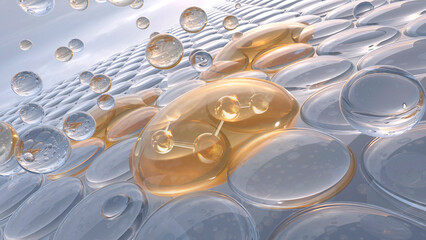 Ready to use 3d Rendering, advertising. Cosmetic serum Oil drop on Saggy skin cell, Skin Repair, moisturizer, collagen serum.