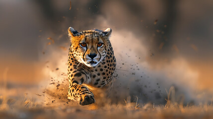 Cheetah sprinting across dusty savannah in dramatic daytime scene