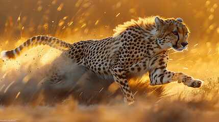 Cheetah sprint in golden sunset on dusty savannah captured in dynamic motion