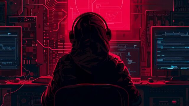 A cartoon animation of a hacker in a hoodie working on a computer. 