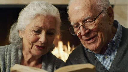 Smiling older couple shares cherished book together by glowing fireplace light in warm home - Powered by Adobe