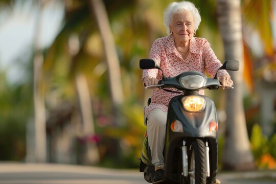 Happy elderly woman enjoying her retirement riding a scooter in a tropical paradise - Powered by Adobe