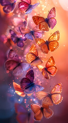Colorful butterflies in flight against a vibrant soft focus background
