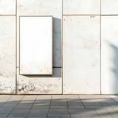 Clean blank billboard on concrete wall next to tile sidewalk presents urban advertising opportunity, providing space for outdoor marketing