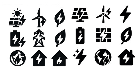 Fototapeta premium Set of energy-related icons: solar, wind, leaves, batteries, houses, lightning, globe.