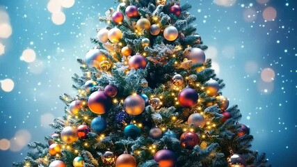A beautifully decorated Christmas tree with colorful ornaments and twinkling lights. Snowflakes fall gently in the background, creating a festive atmosphere. - Powered by Adobe