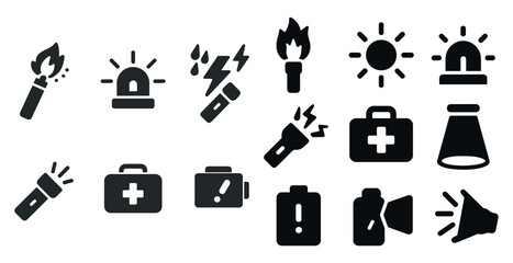 Set of icons: torch, siren, flashlight, first aid kit, battery, sun, megaphone.