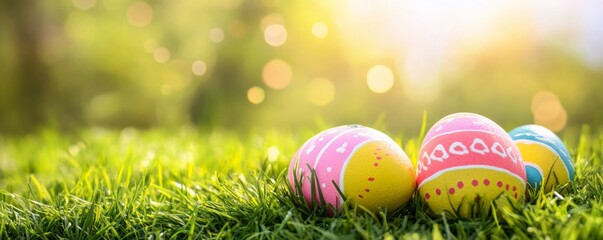 Painted Easter Eggs on Green Grass with Bokeh, Spring , Celebration