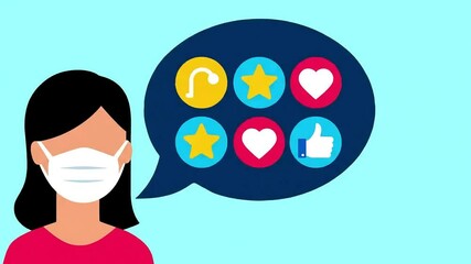 Woman in face mask with a thought bubble of emoji-like icons on a bright blue background, vector style illustration - Powered by Adobe