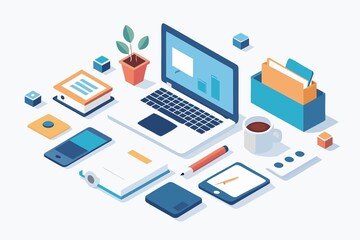 Isometric Workspace Illustration with Laptop Tablet Phone and Office Supplies