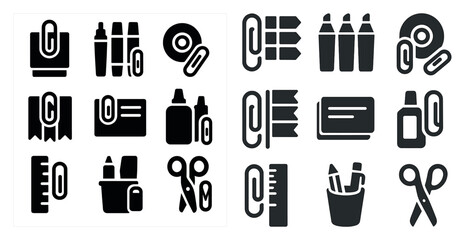 Set of office icons: paperclip, ruler, glue, scissors, markers, pens, CD, tape.