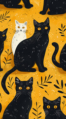 Elegant black and white cat pattern on yellow background with leaf motifs
