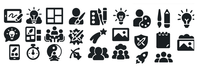 Set of icons: editing, idea, layout, collaboration, team, shield, stopwatch, rocket.