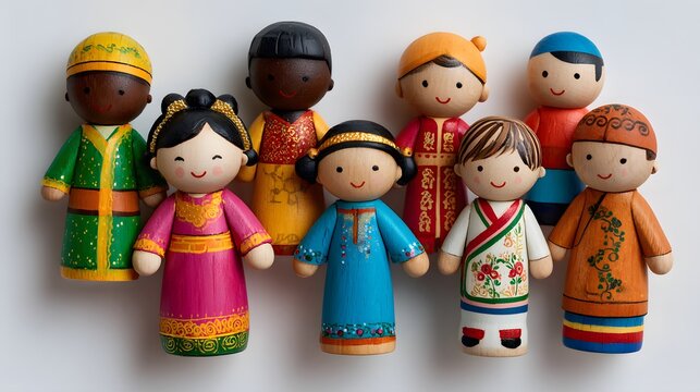 A collection of diverse dolls representing various cultures and backgrounds, embodying unity and inclusivity. These dolls wear traditional attire, symbolizing the beauty of global diversity