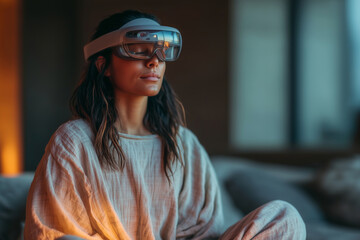 South Asian woman finds peace while meditating with virtual reality headset