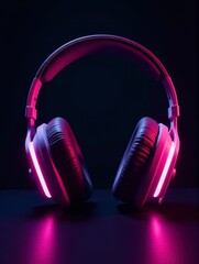 A pair of headphones illuminated by vibrant pink and purple neon lights against a dark backdrop.