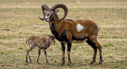 Obraz premium wild european mouflon, Ovis aries musimon, with its baby in a field