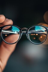 Close-up of hands holding round eyeglasses