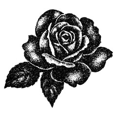 Rosebud flower, collage element with vintage stipple photocopy effect, with retro grainy texture. Vector illustration for grunge psychedelic surreal poster or tattoo in 90s aesthetic. 