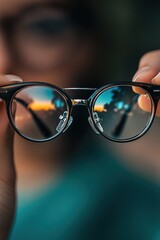 Optical glasses held in hands, vision and eye care concept