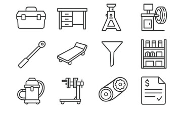 Fototapeta premium Industrial tool icons set with workbench and conveyor belt