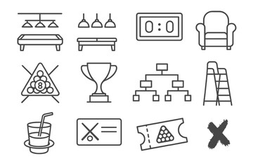 Billiards icons set: trophy, armchair, drinks, ladder, tickets, scoreboard
