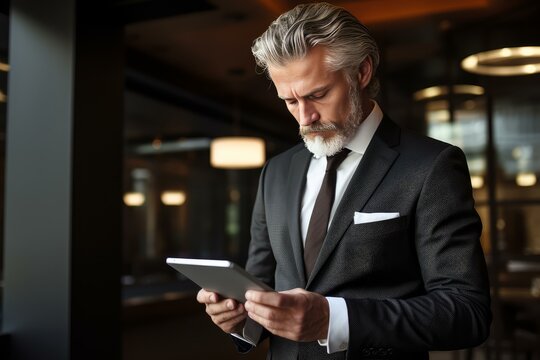 Concentrated mature businessman using tablet, browsing online, reading news in modern luxury hotel lobby - Powered by Adobe