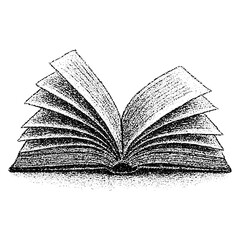 Opened book, collage element with vintage stipple photocopy effect, with retro grainy texture. Vector illustration for grunge psychedelic surreal poster or tattoo in 90s aesthetic.