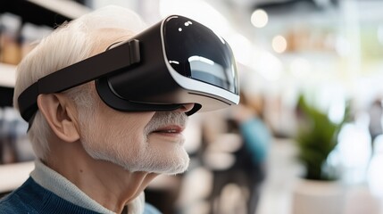 Elderly man exploring virtual reality with VR headset