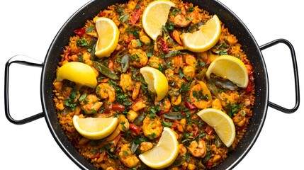 A vibrant seafood paella dish with lemon slices, inviting a taste of Spanish cuisine