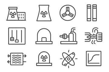 Nuclear industry icons set: reactors, turbines, safety, fusion, power