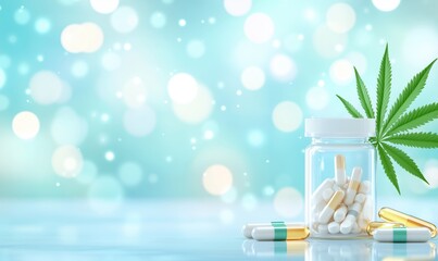 CBD Oil and Cannabis Products on a Serene Blue Background with Light Effects