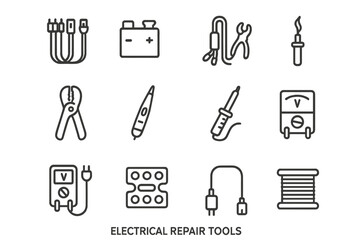 Fototapeta premium Icons of essential electrical repair tools on metallic background